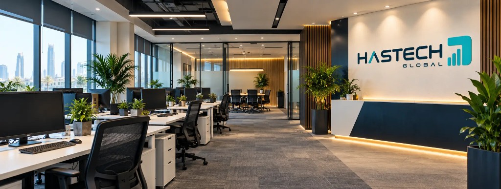 Hastech Global office in Dammam with the logo on the reception wall