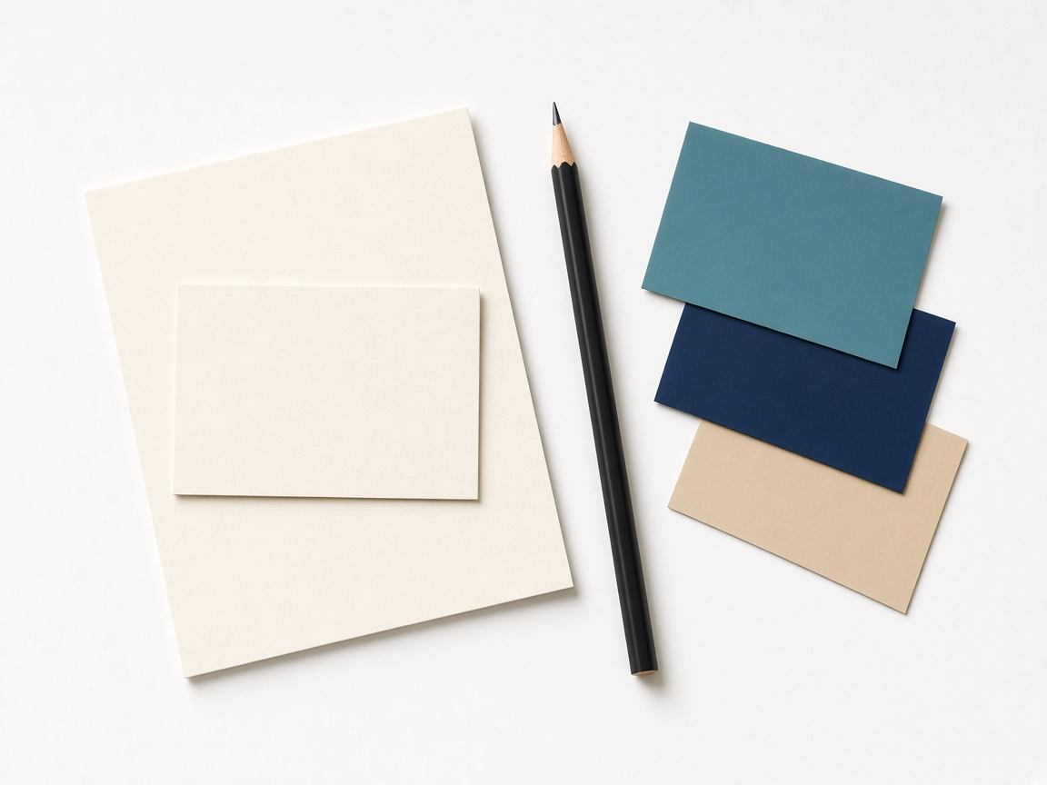 Blank cards and paper swatches on a studio table