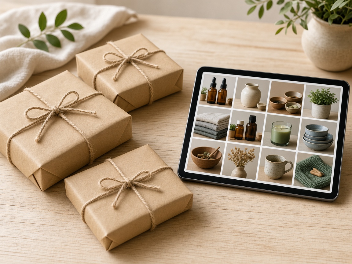 Parcels beside a tablet with a product grid