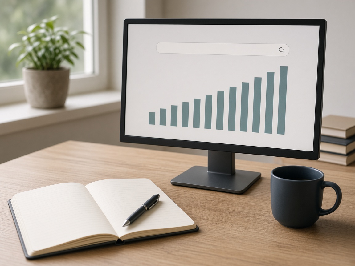Monitor with a search field and rising chart